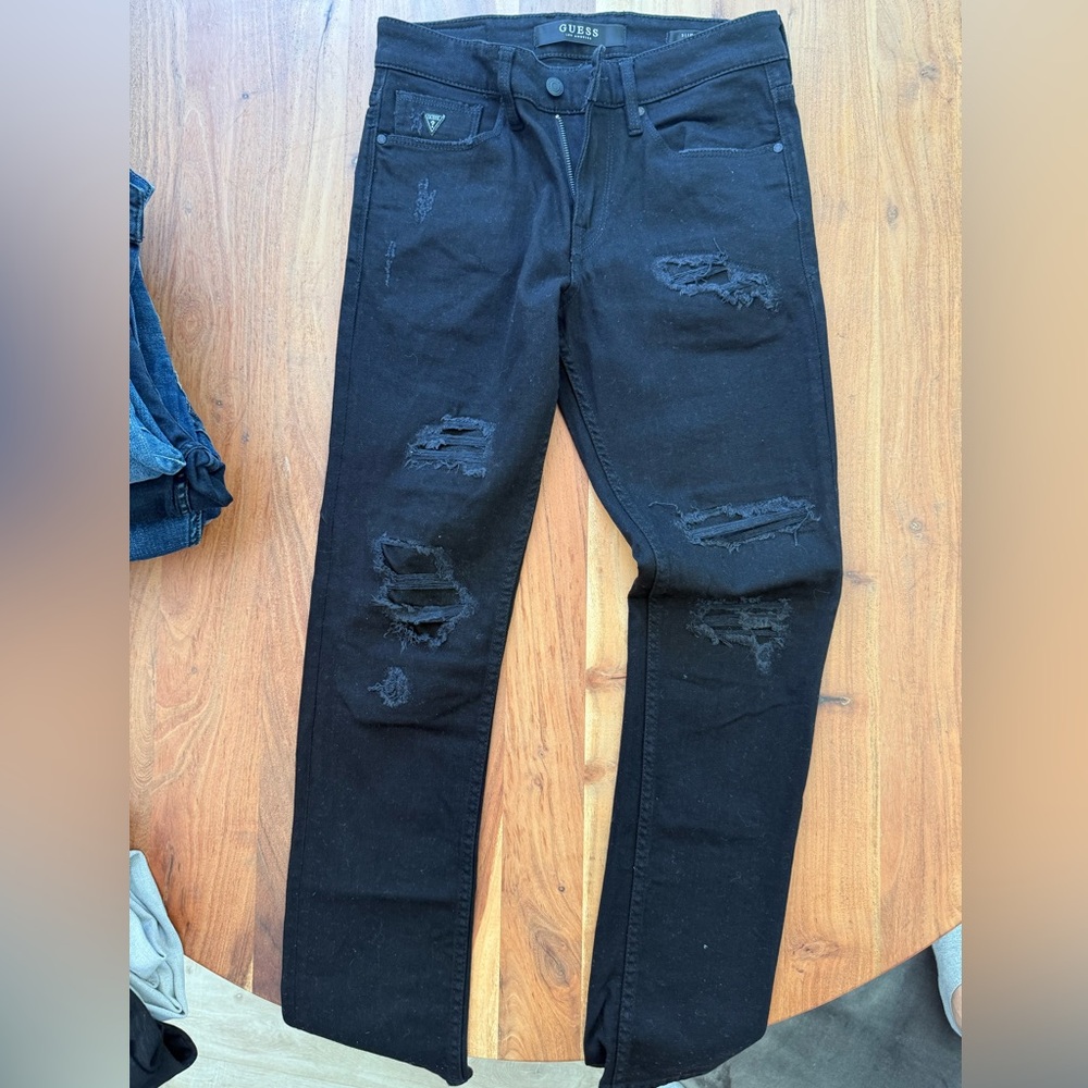 GUESS Men's Slim Tapered Black Ripped Jeans